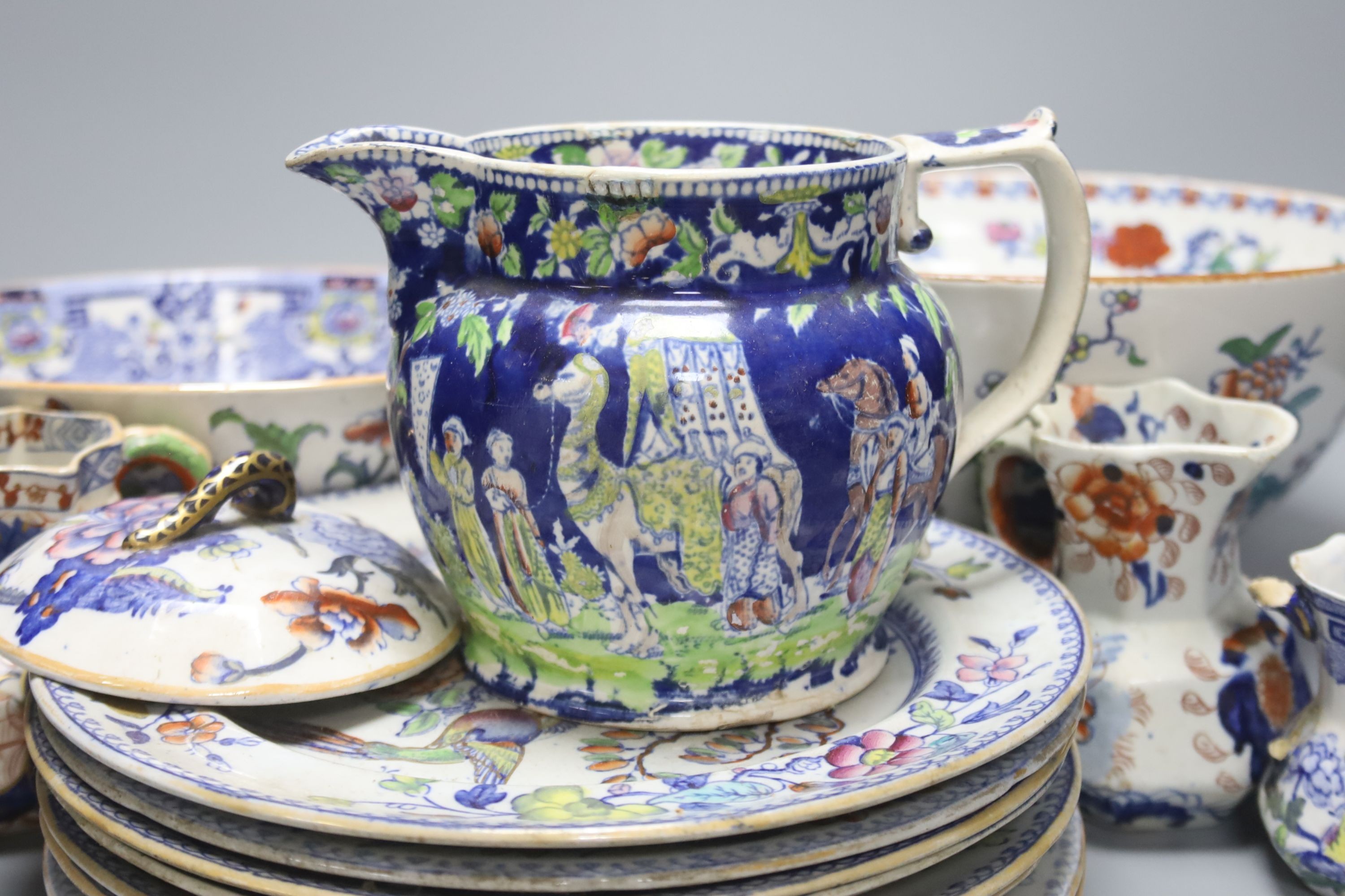 A group of 19th century ironstone ceramics to include Masons plates, Hydra jugs, two bowls, largest 29.5cm and another jug